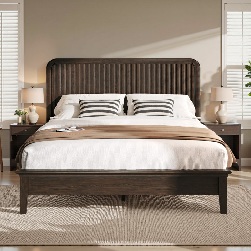 Solid Wood Bed with Flutted Headboard, American Vintage Design, Queen Size, Slats Support, Noise-Free, Sturdy Structure, Easy Assembly, Walnut