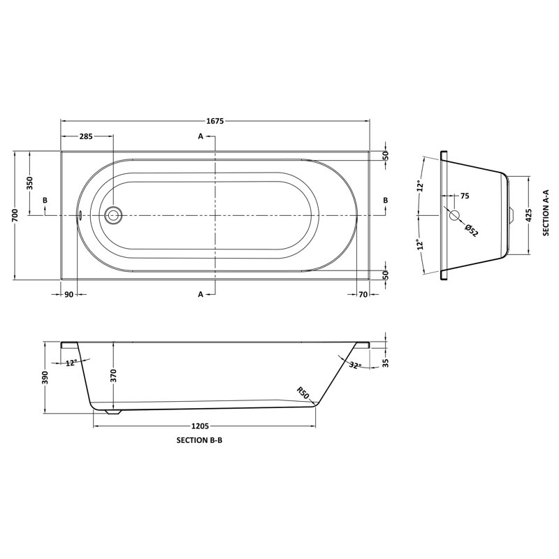 Otley 1675mm x 700mm Soaking Acrylic Bathtub