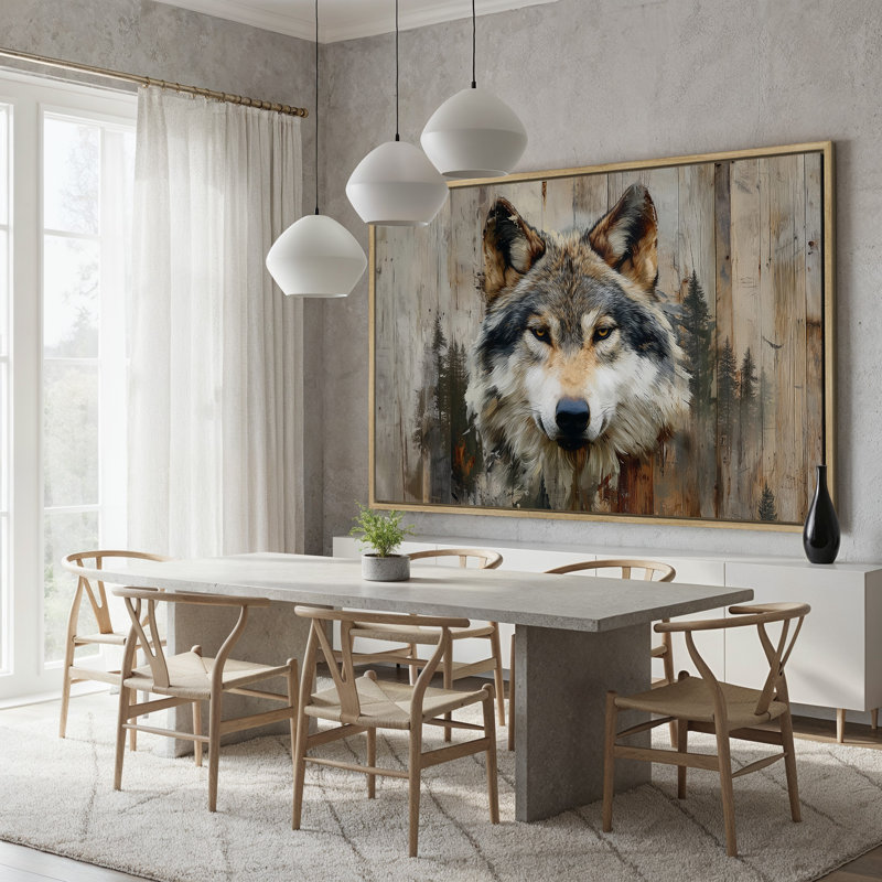 Art sur toile, "Rustic Timber Wolf" avec pin, 36" W x 24" H, Cadre flottant blanc