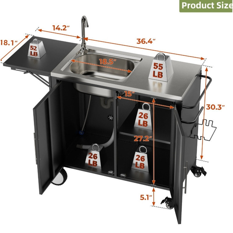Chariot de barbecue noir roulant avec évier, table de barbecue pliable en métal avec armoire de rangement pour patio