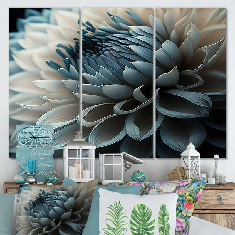 «Despinossa Blue and White Dahlia Flowers II», reproduction sur toile 3 pièces, L 36 po x H 28 po, Toile tendue