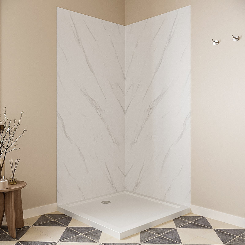 Streamline DSH-1400-145 38 in. L x 38 in. W x 76 in. H 2-Piece Glue-Up Corner Shower Surround in White Marble Finish