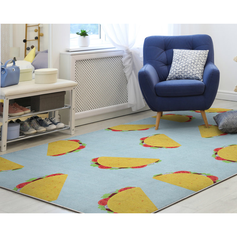 Kehr Multi Tacos Novelty Multi Blue Printed Distressed Machine Washable Area Rug, Rectangle 2' x 3'