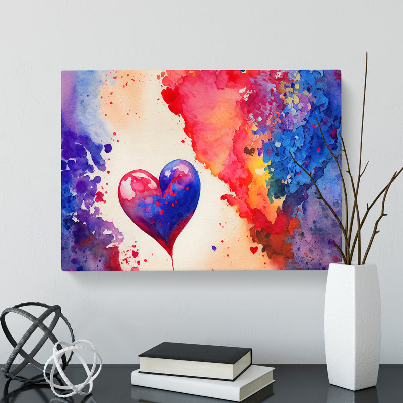 Watercolour Love Heart Abstract - Wrapped Canvas, 35cm H x 50cm W x 3cm D