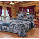 Deer Run Patchwork Stag Buck Antler Woodland Forest Nature Themed Decorative Quilt Bedding Set