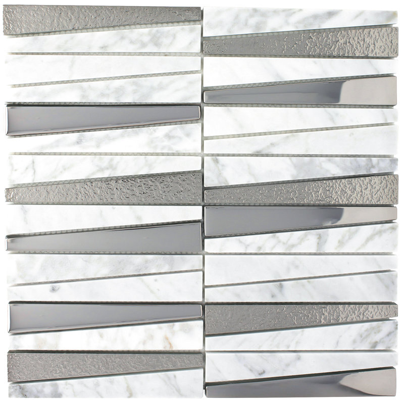 Ruzzle 11.75'' X 11.75'' Natural Stone/Glass Herringbone Mosaic Wall Tile, White/Silver