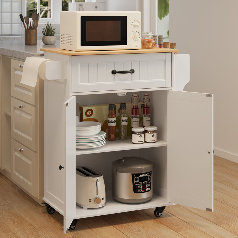 Lotosha Solid Wood Top Kitchen Island Cart with Wheels &1-Drawer, White/Brown