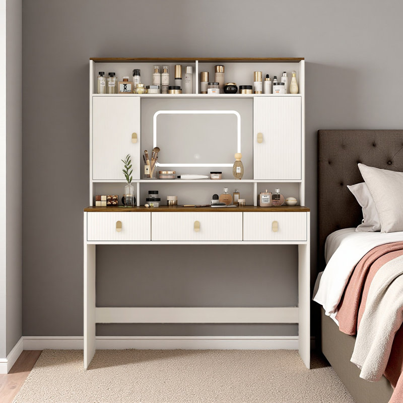 Farmhouse Dressing Table Makeup Table, 43" Wide Dressing Table With Lighted Mirror And Makeup Drawer, Large Modern Dressing Table Set With Hair Dryer Holder For Bedroom