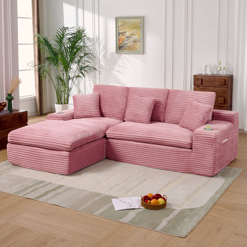 Canapé d'angle Cloud en velours côtelé de 250 cm de large avec porte-gobelets et poches latérales, aucun assemblage requis
