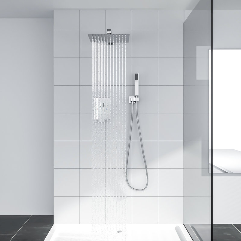 Système de douche à pluie 12 "avec douchette à jet, fixation murale, double fonction, chrome poli, Chrome poli