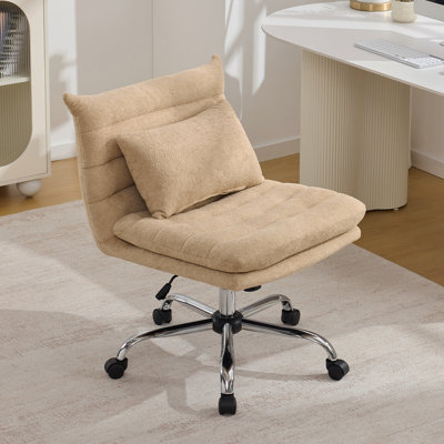 Armless Office Chair Soft Chenille Fabric Adjustable Height With Bonus Pillow And Wheels