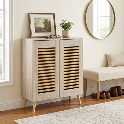 Durable Space Saving Freestanding Shoe Cabinet With Louvered Doors And Removable Adjustable Shelves For Entryway Hallway Closet Organization Use