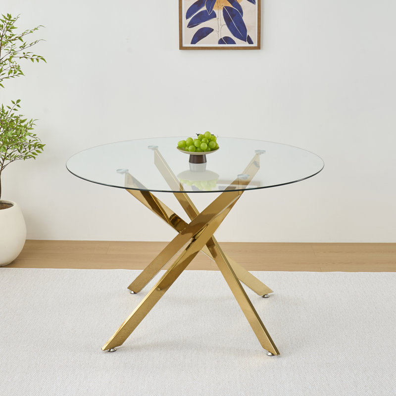 47.24" Gold Glass Dining Table Set, Modern Dining Room Table Set, Gold X-Shape Pedestal Glass DiningTable with Dining Chairs, Kitchen Dining Set for Dining Living Room