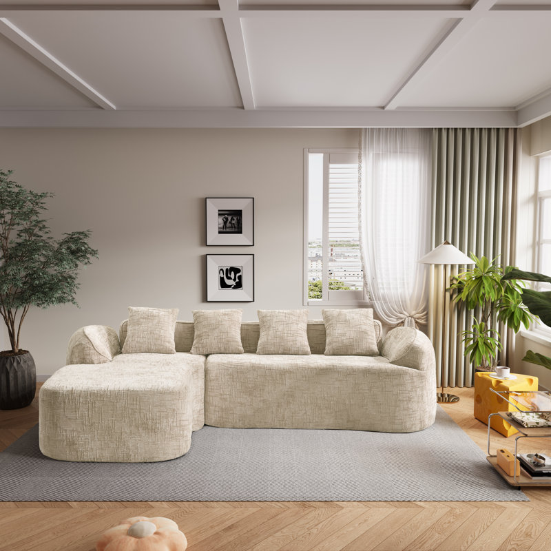 Chenille Boneless L-shaped Sectional Sofa With Curved Armrests And 4 Pillows, , Space-saving Compressed Design, Left-facing