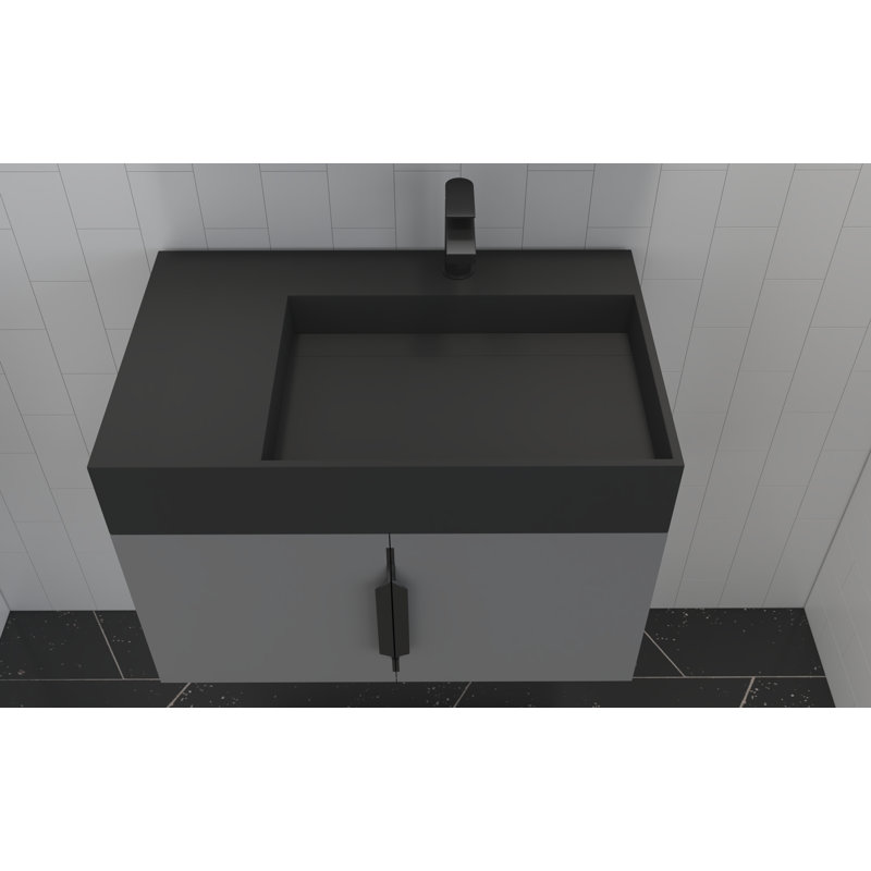 Amazon 30'' Wall Mounted Single Bathroom Vanity with Solid Surface Top, Black, Black, Gray