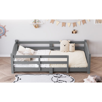 Lit simple Montessori avec lattes et barrières de sécurité, lit en bois massif avec clôture et sans porte, lit Montessori facile à assembler pour filles et garçons, gris
