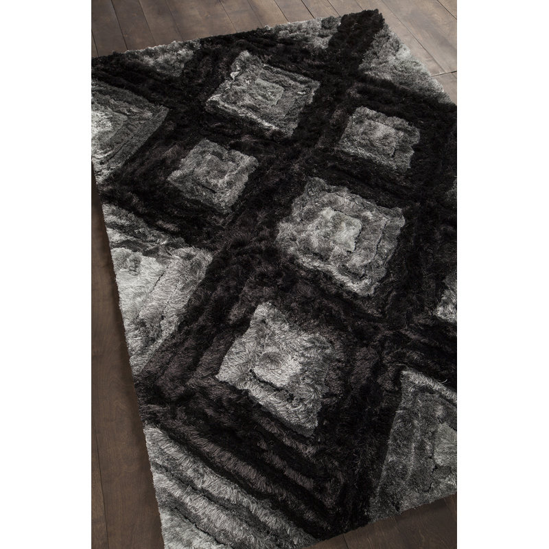 Helene Authentic Hand-Woven Handmade Black, Gray & Silver Modern Geometric Shag Polyester Area Rug, Rectangle 7'9" x 10'6"