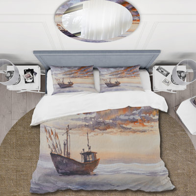 Bateau de pêche en bois sur la côte baltique - Ensemble de housse de couette nautique et côtier - Polyester en microfibre