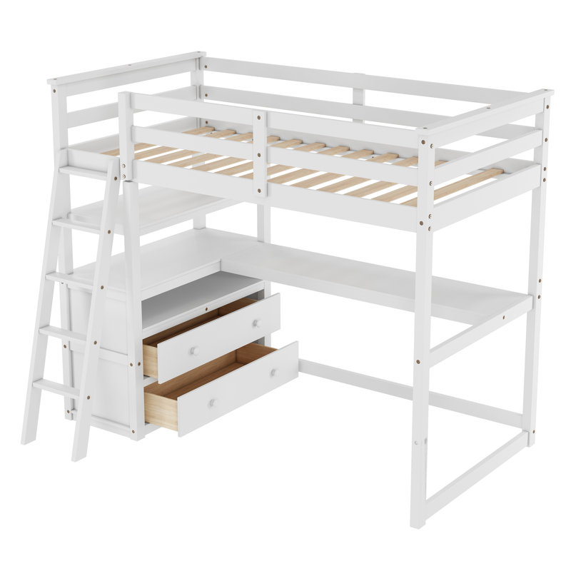 Evo 2 Drawer Loft Bed with Built-in Desk and Shelves, Twin, White 1