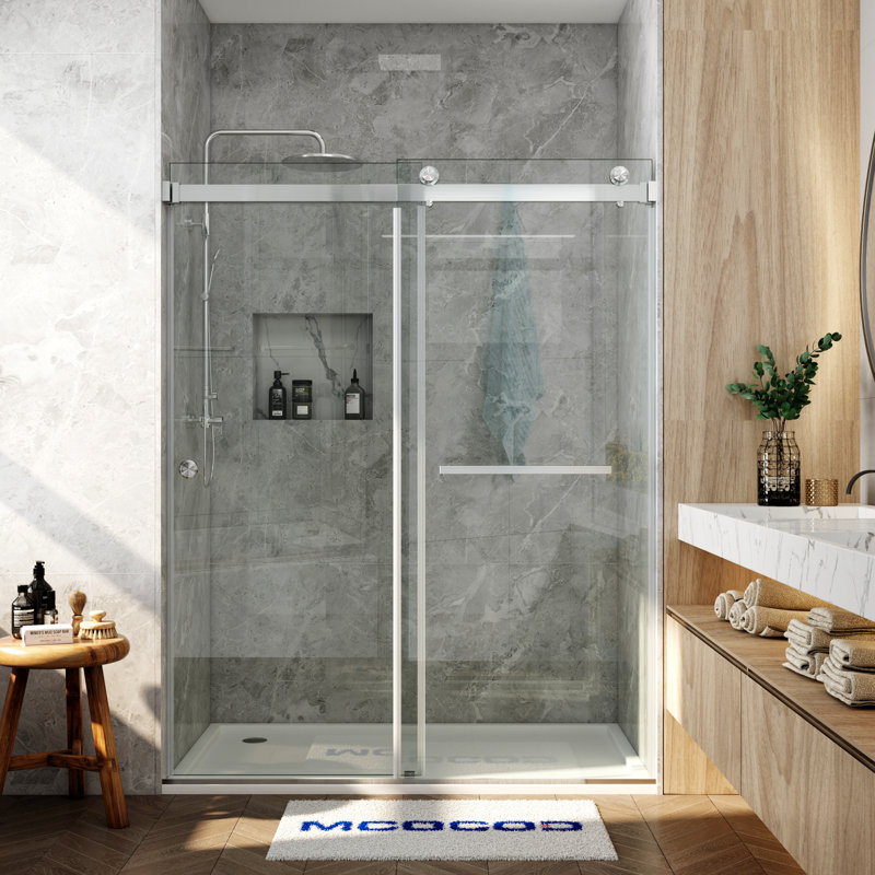 Porte de douche coulissante double sans cadre avec verre transparent de 3/8 po (10 mm) de 56 à 60,5 po Opal Mirage MCOCOD
