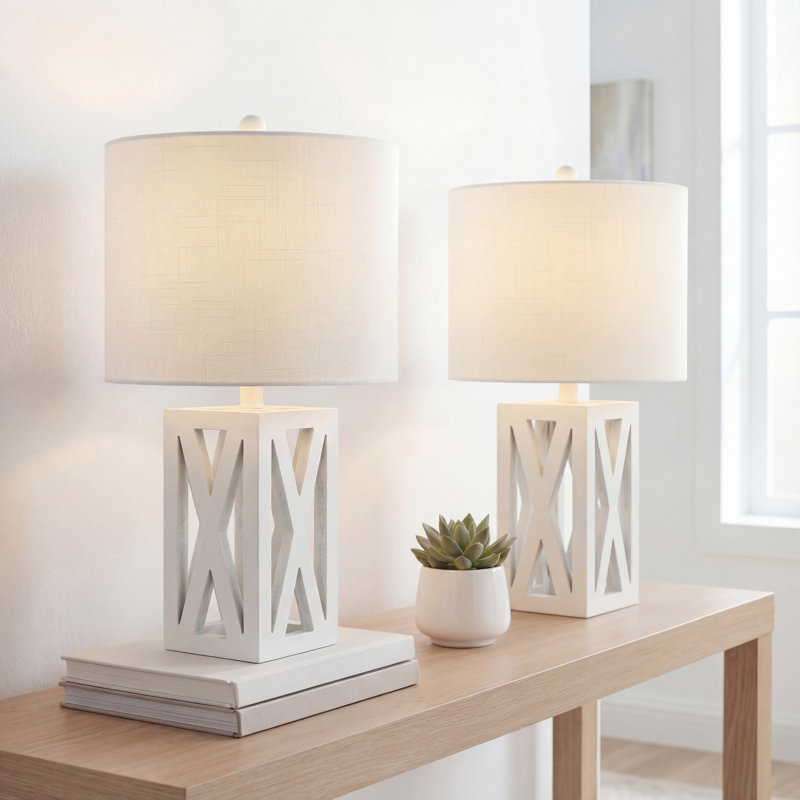 Lampe de table en bois massif Briea, Blanc