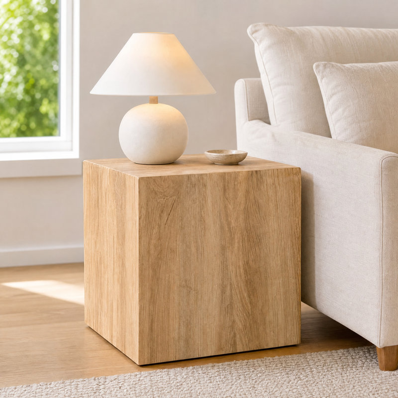 Javanie 15.75-Inch Modern Square Cube End Table for Small Spaces, Light Wood