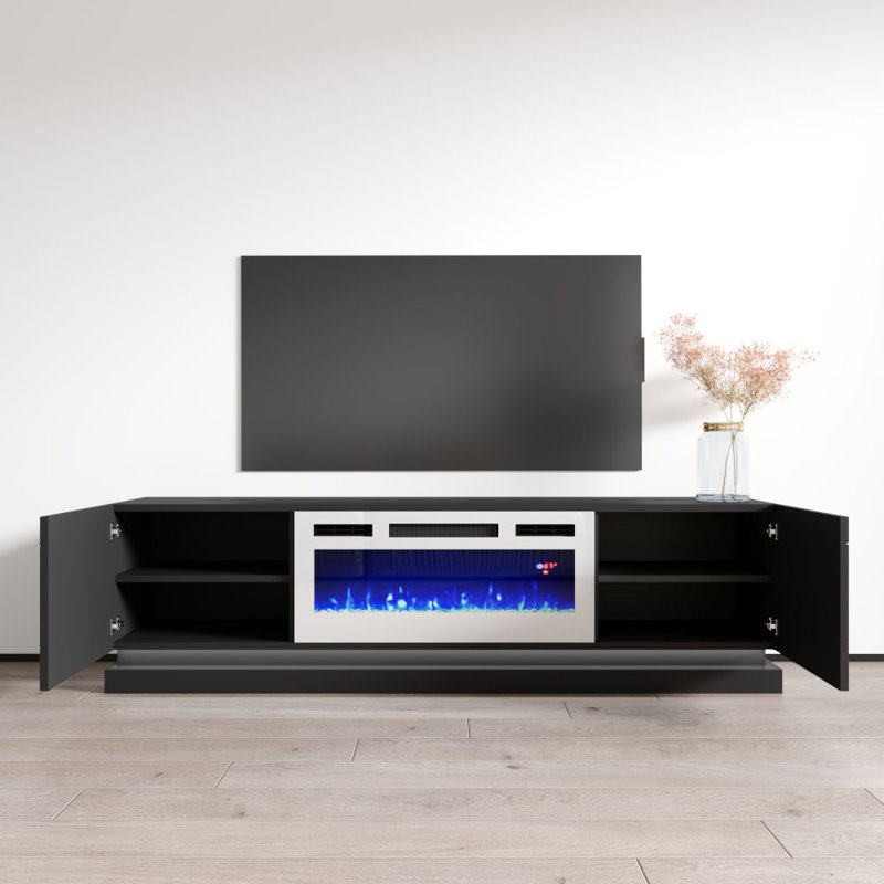 70.9" Modern TV Stand with Electric Fireplace, High Gloss Finish, Media Storage, Black