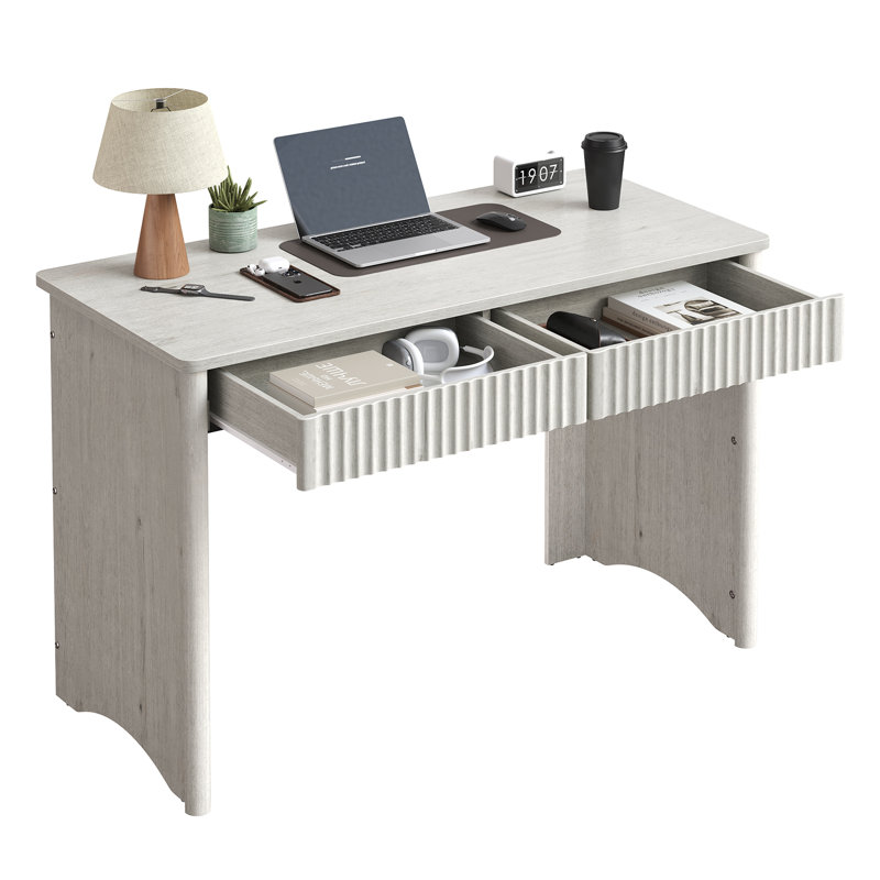 Bureau d'écriture de 120 cm avec 2 tiroirs, bureau d'ordinateur moderne aux coins arrondis et moulures cannelées