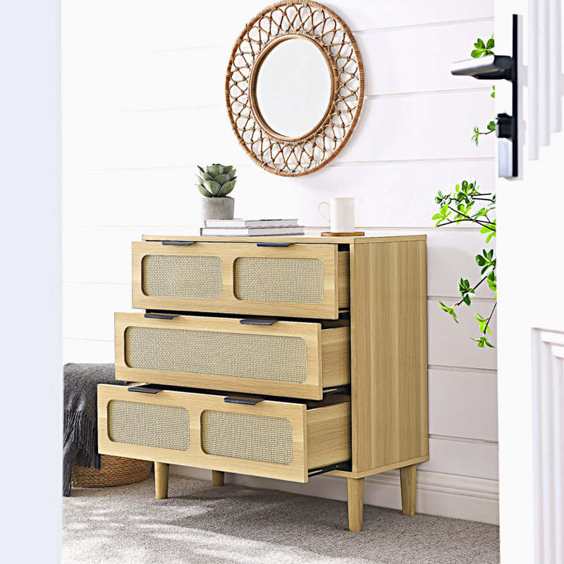 Commode 3 tiroirs, commode moderne en rotin avec tiroirs larges et poignées en métal, commode de rangement en bois de style campagnard pour chambre, salon, couloir, entrée, bureau