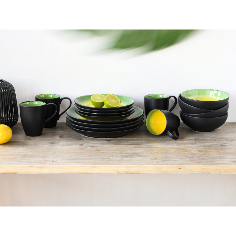 16 Piece Dinnerware Set, Service for 4, Black/Green/Yellow