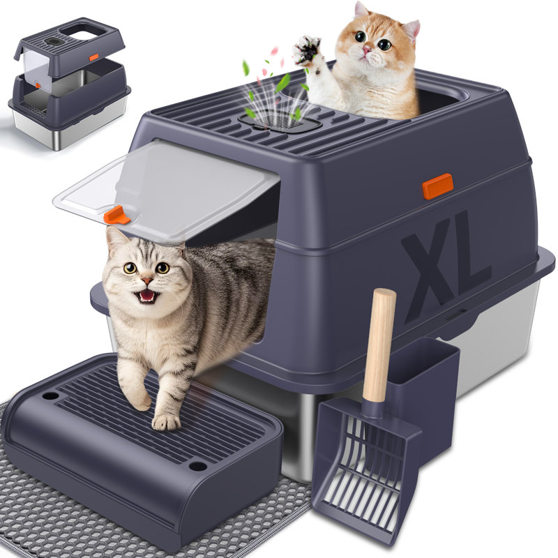Bac à litière pour chat en acier inoxydable Homagico avec couvercle, bac à litière fermé et anti-odeurs avec tapis pour litière Homagico