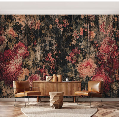 Wall Mural Peel and Stick Wallpaper Vintage Abstract Floral Red Orange Green Black Self-Adhesive Removable Contact Paper Wall Decor for Living Room Bedroom 69"H x 96"W