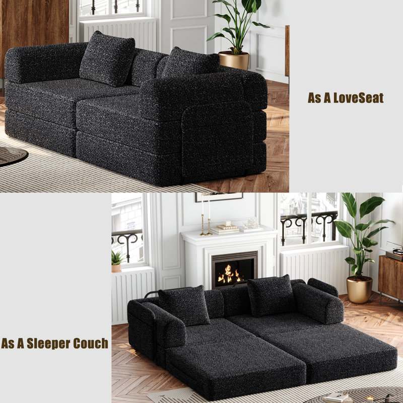 2 pièces Canapé en tissu chenille à compression 72,4 po, canapé-lit pliant, canapé convertible 3 places avec canapé 1 place, noir