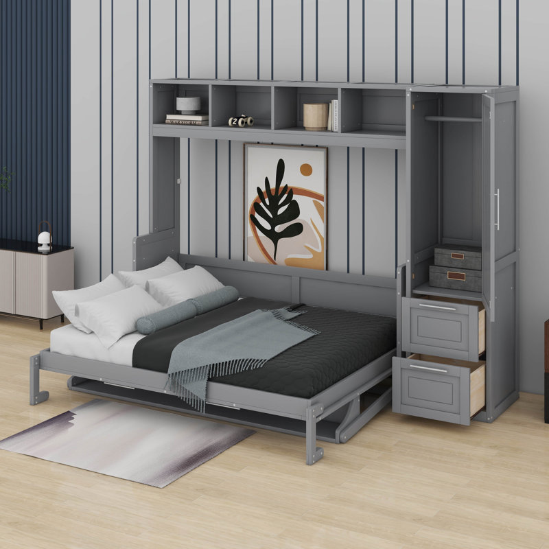 Grand lit escamotable avec placard et tiroirs, Gris