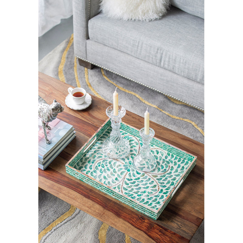 Green Capiz Rectangular Wood Tray with Handles