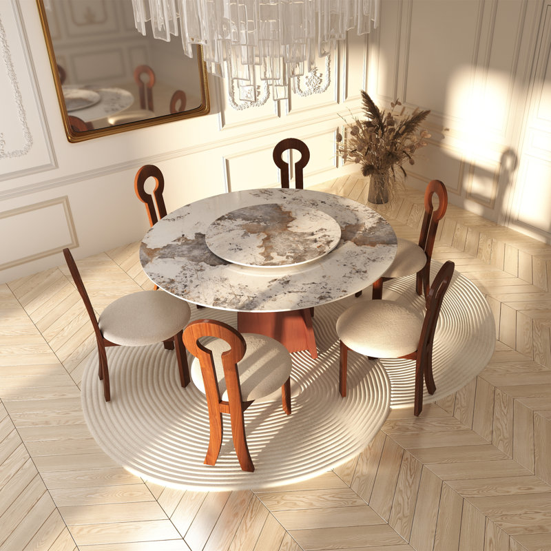 Ensemble de salle à manger à piédestal en pierre 7 pièces, Blanc aurore