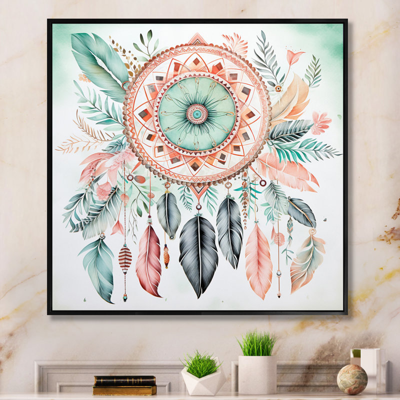«Pastel Turquoise Boho Dreamcatcher I», reproduction d'art sur toile, H 16 po x l 16 po, Cadre flottant noir