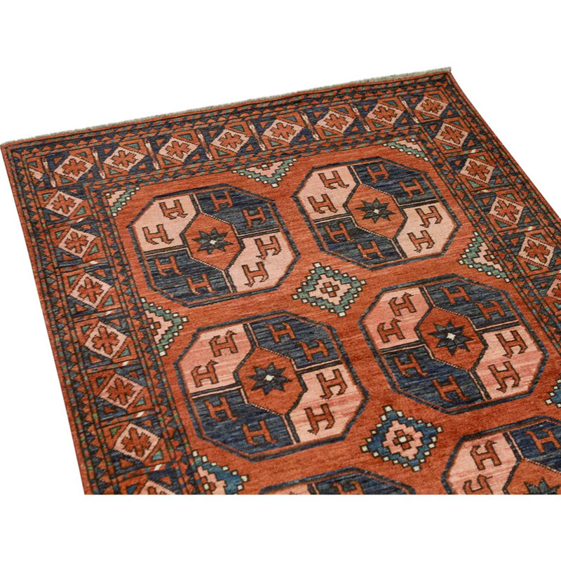 Tapis beige / bleu / orange en laine noué à la main de conception unique 3 pi 5 po x 4 pi 11 po