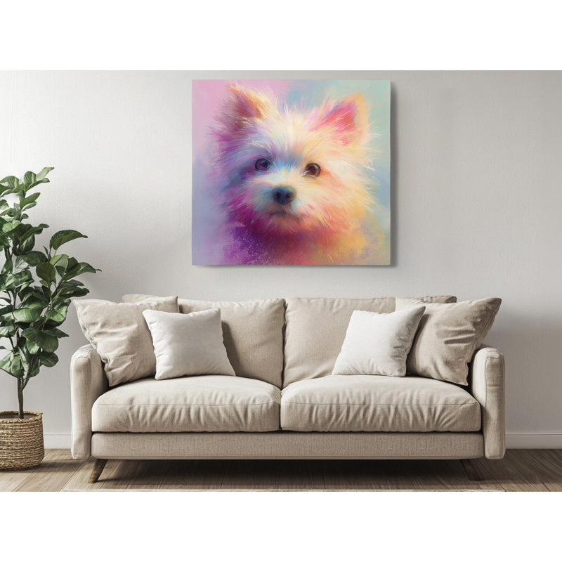 Art mural coloré sur toile, impression de chiot blanc impressionniste, œuvre d'art multicolore pour animal de compagnie