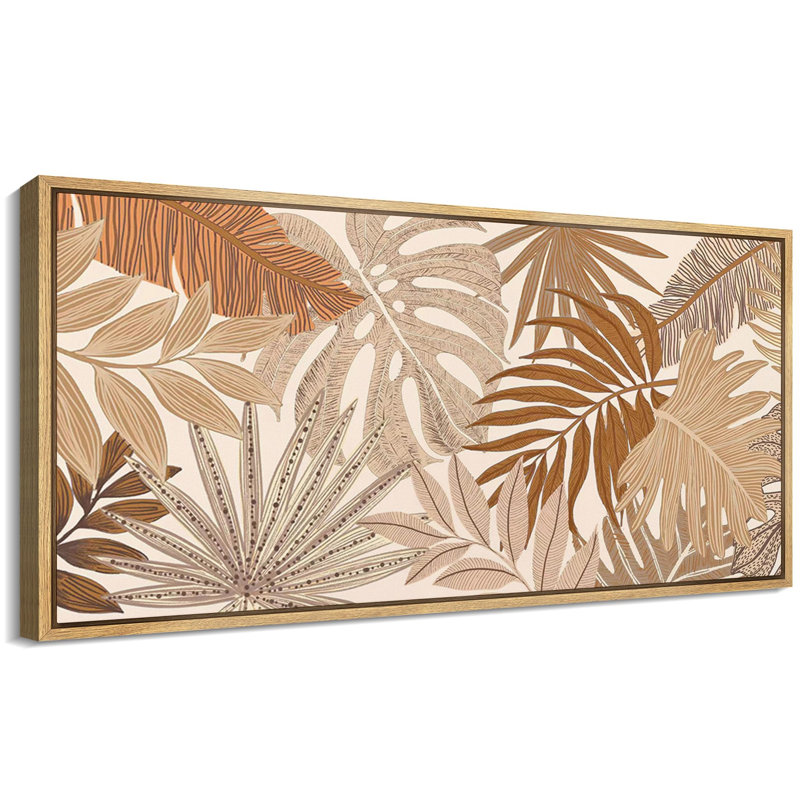 «Tropical Palm Tropical Elegance», feuille de palmier beige et brune encadrée sur toile, H 30 po x l 60 po, Naturel
