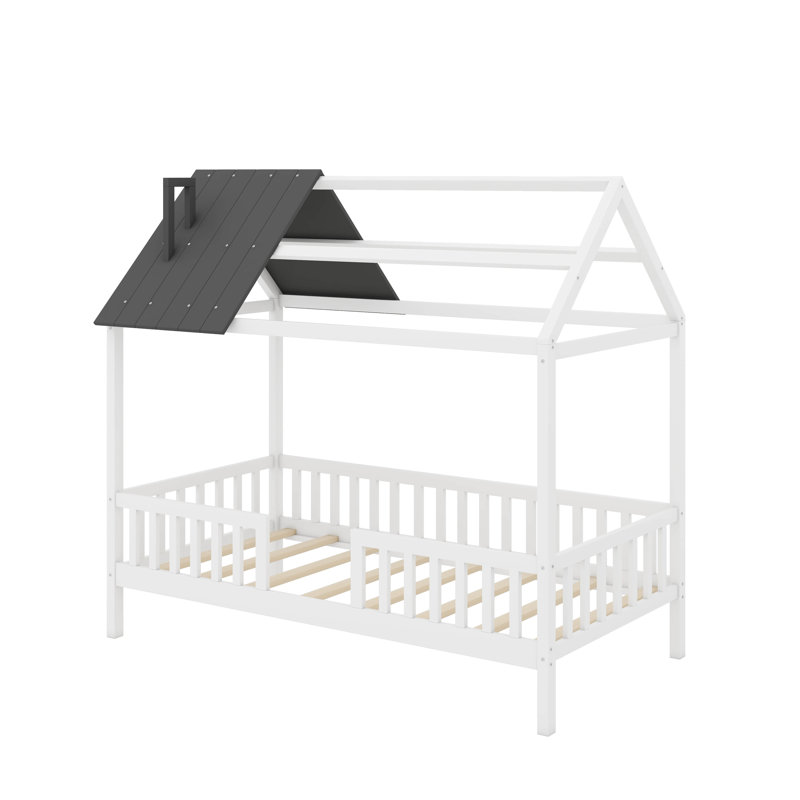 Lit simple en bois avec clôture, Blanc / Gris