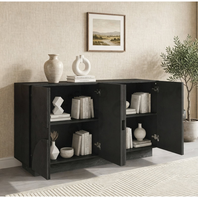 Buffet de rangement 4 portes avec poignées semi-circulaires, Noir