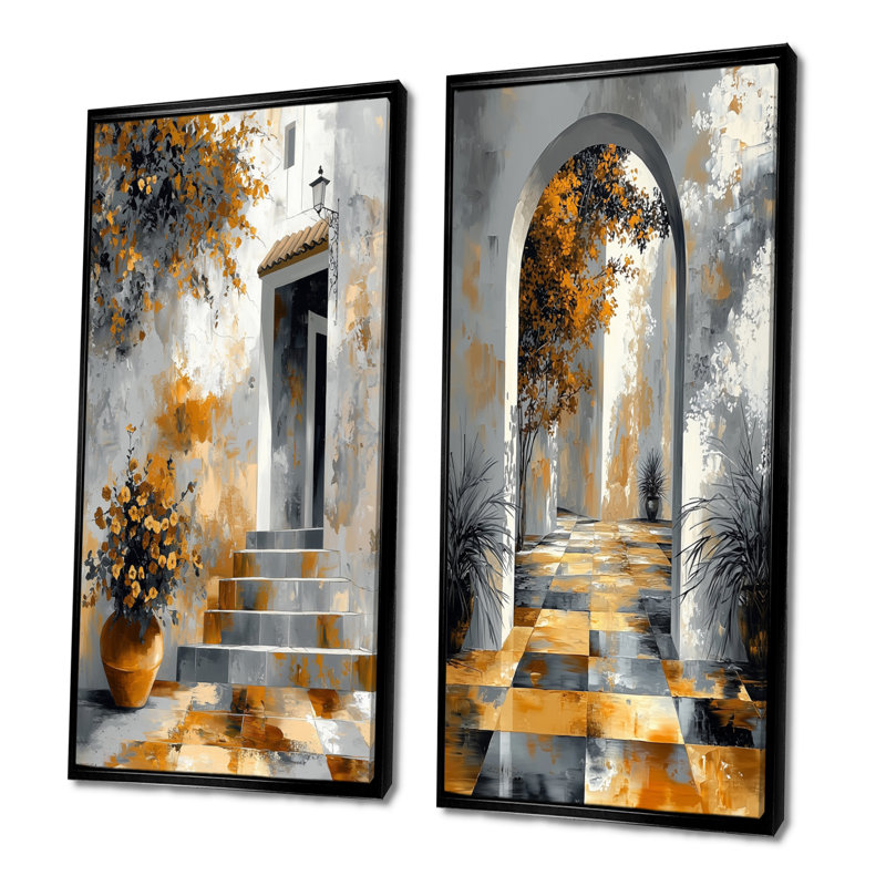 Orange orange andalou Allure Grèce porte I - ensemble d'art mural 2 pièces Grèce, H 28 po x l 24 po, Cadre flottant noir