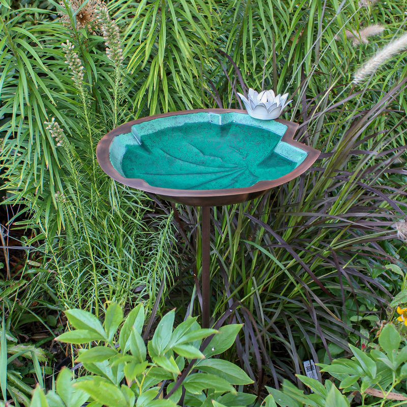 Green Patina Metal Lilypad Birdbath with Stake