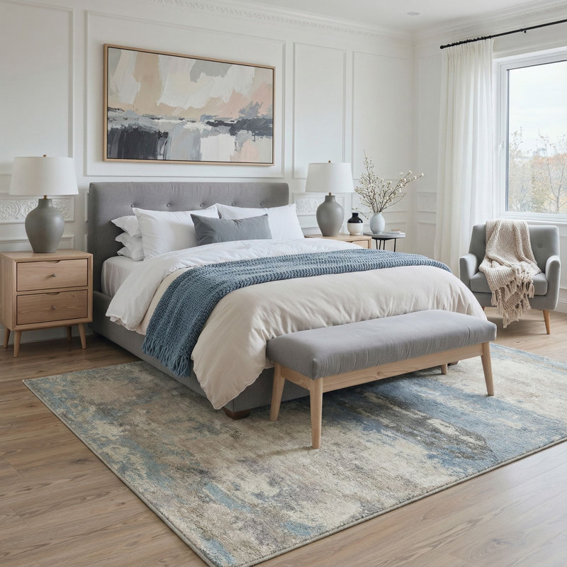 Lucchesi Modern Abstract Machine Washable Blue / Grey / Beige Indoor Area Rug with Non-Slip Backing, Rectangle 5' x 7'
