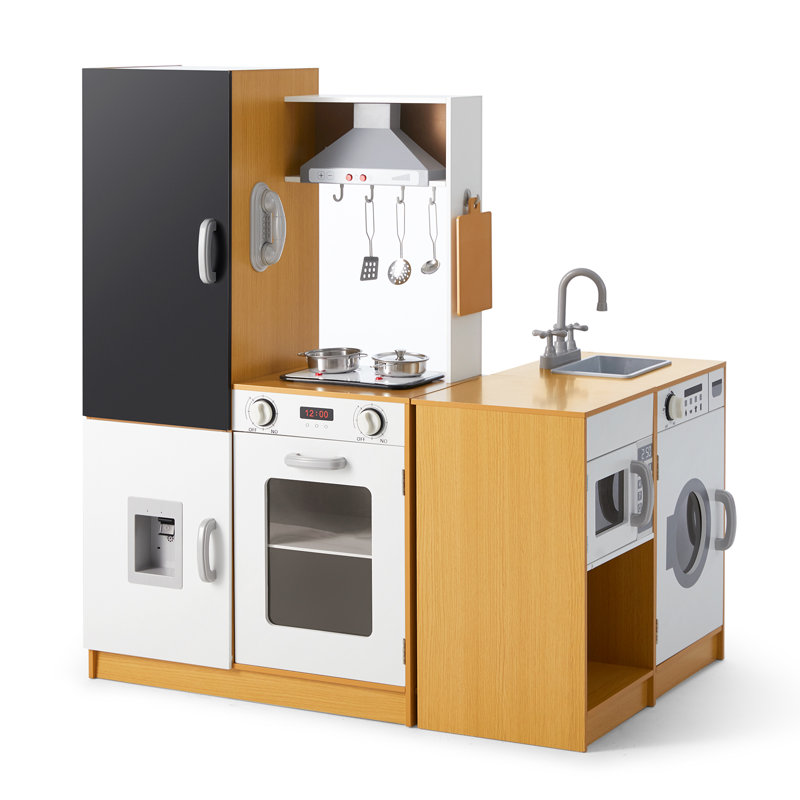 Beige and White Wooden Kids Play Kitchen Set with Real Sound and Light