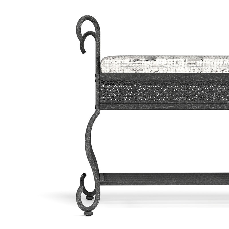 Banc avec marchepied rembourré, accents argentés, siège en métal, rangement pour tablette, banc de construction rectangulaire pour entrée, revêtement noir, structure, tablette inférieure ouverte, utilisation polyvalente, profondeur 45,67 po, profondeur 20,15 po