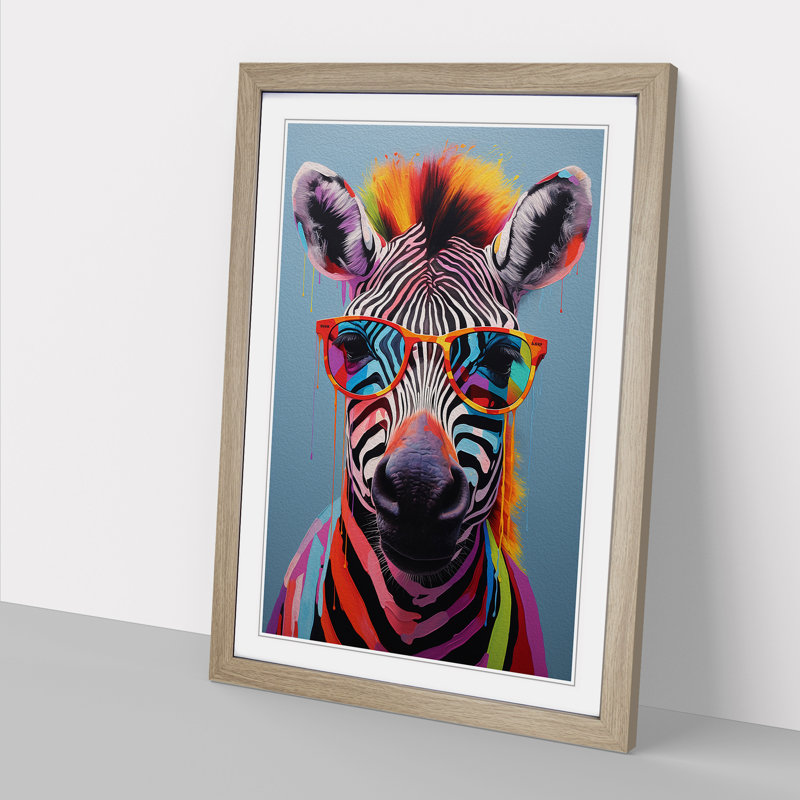Zebra With Glasses Painting - Single Picture Frame Print on Wood, 46cm H x 34cm W x 2cm D, Oak