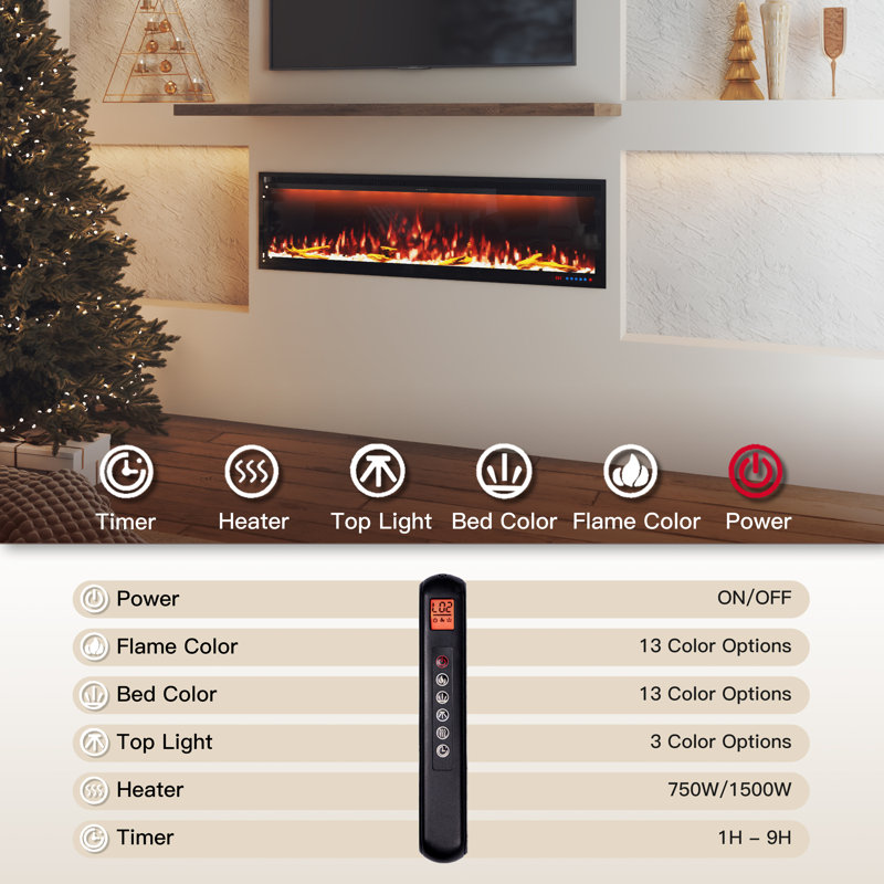 Wall Mounted/Recessed-In Electric Fireplace With Smart WIFI, 17" H x 60" W x 6.3" D