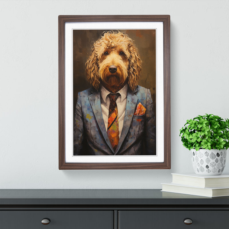 Labradoodle In A Suit Painting No.4 - Single Picture Frame Print on Wood, Walnut Framed, 34cm H x 25cm W x 2cm D